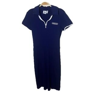 Adidas Womens Ribbed Midi Short Sleeve Polo Golf Dress Navy Zip Cotton Sz M